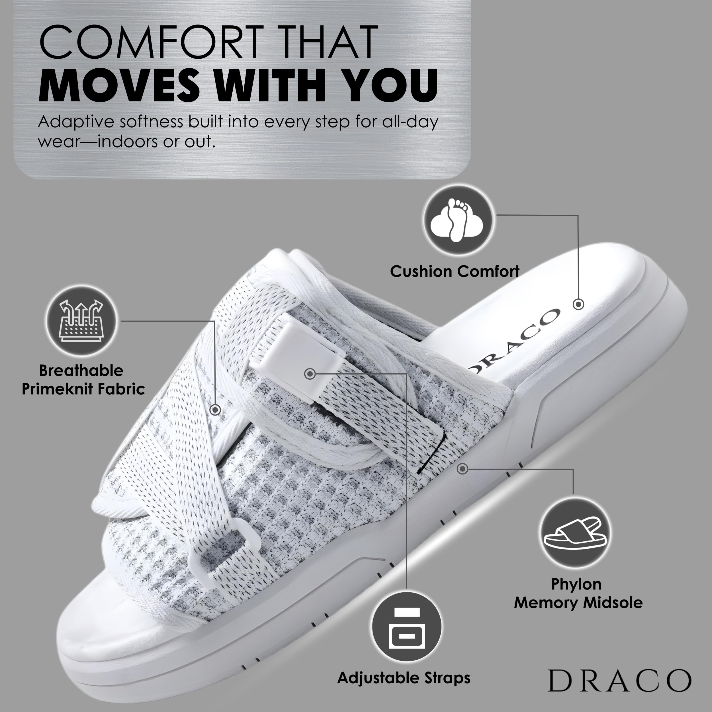 Draco DracoSlides Reflective Slides for Men and Women, Wrapped in Reflective 3M with Adjustable Straps for Wide/Narrow Feet, Sandals with Arch Support & Slip Resistant, Men & Women Footwear, Black