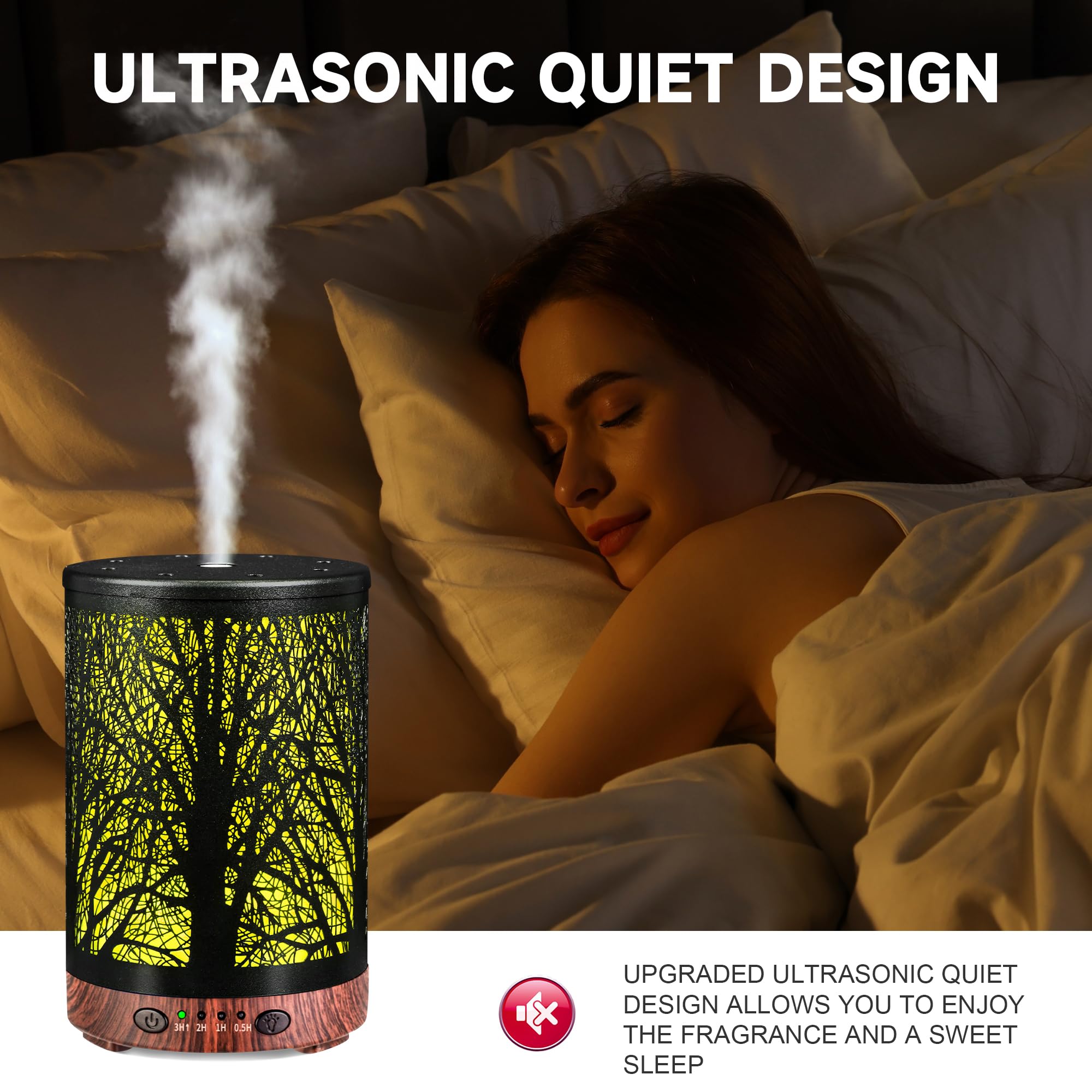 Essential Oil Diffuser 120ML Metal Aromatherapy Diffuser, Cool Mist Humidifier with Auto Shut-Off Protection 7 Color Lights for Home Office Spa (Tree)