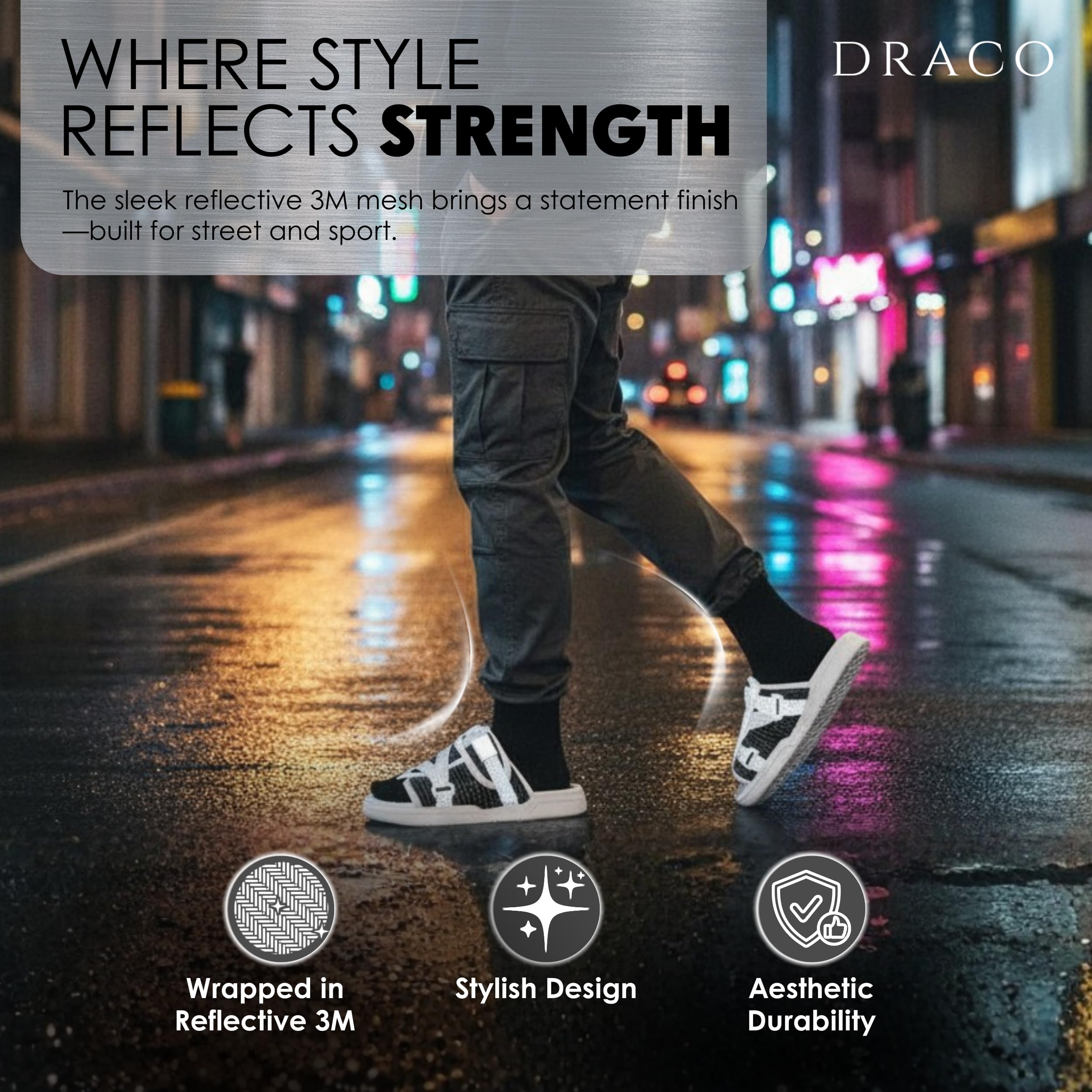 Draco DracoSlides Reflective Slides for Men and Women, Wrapped in Reflective 3M with Adjustable Straps for Wide/Narrow Feet, Sandals with Arch Support & Slip Resistant, Men & Women Footwear, Black