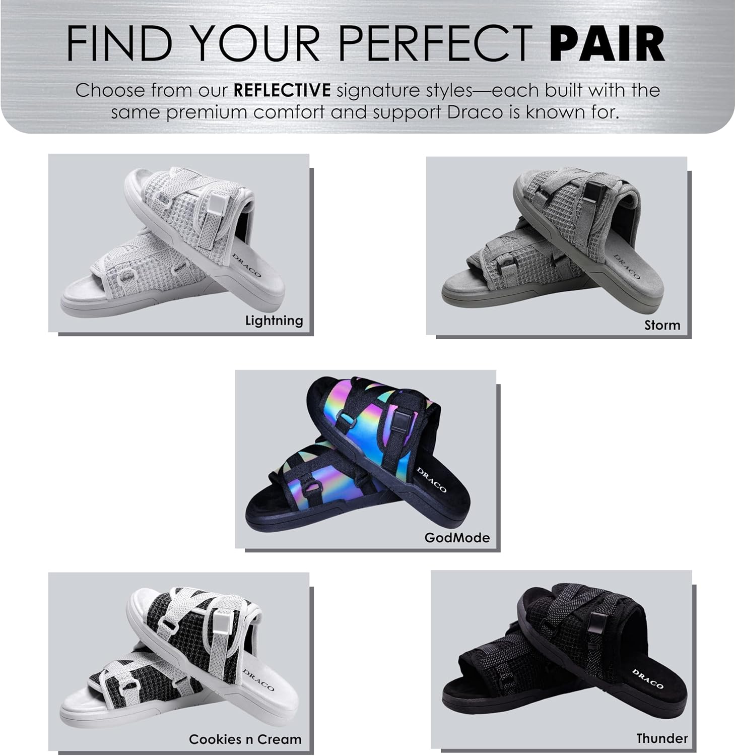 Draco DracoSlides Reflective Slides for Men and Women, Wrapped in Reflective 3M with Adjustable Straps for Wide/Narrow Feet, Sandals with Arch Support & Slip Resistant, Men & Women Footwear, Black