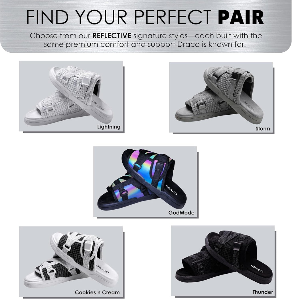 Draco DracoSlides Reflective Slides for Men and Women, Wrapped in Reflective 3M with Adjustable Straps for Wide/Narrow Feet, Sandals with Arch Support & Slip Resistant, Men & Women Footwear, Black