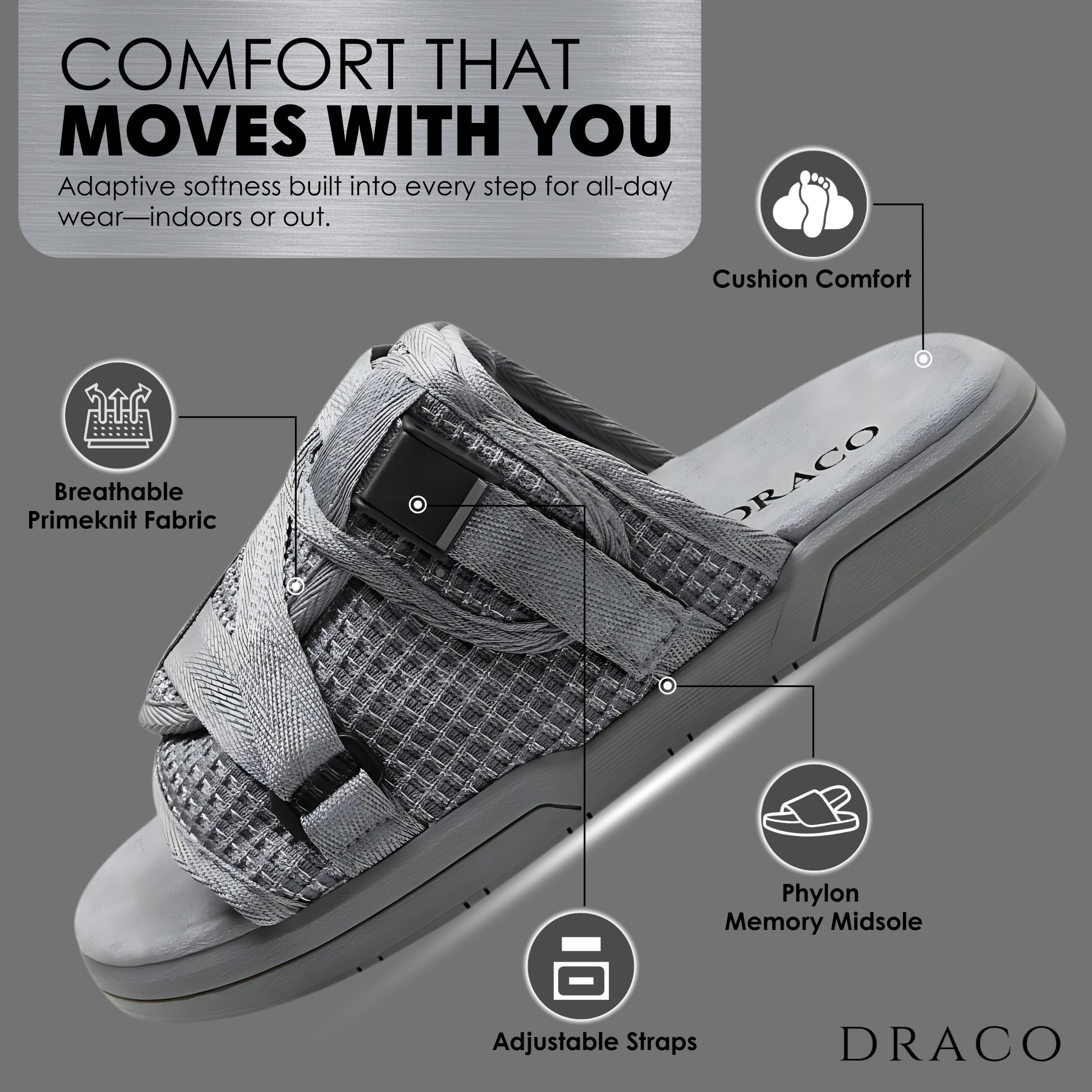 Draco DracoSlides Reflective Slides for Men and Women, Wrapped in Reflective 3M with Adjustable Straps for Wide/Narrow Feet, Sandals with Arch Support & Slip Resistant, Men & Women Footwear, Black