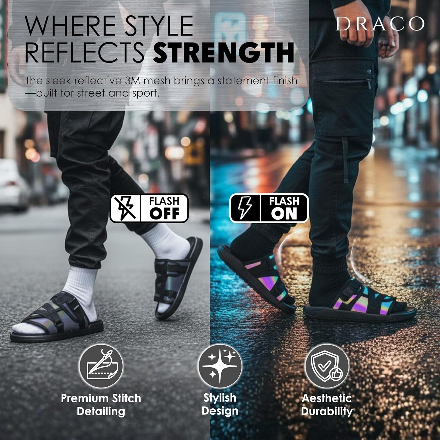 Draco DracoSlides Reflective Slides for Men and Women, Wrapped in Reflective 3M with Adjustable Straps for Wide/Narrow Feet, Sandals with Arch Support & Slip Resistant, Men & Women Footwear, Black