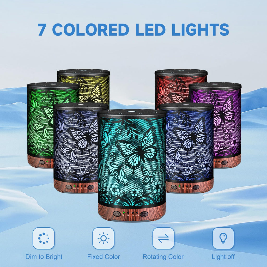 Essential Oil Diffuser 120ML Metal Aromatherapy Diffuser, Cool Mist Humidifier with Auto Shut-Off Protection 7 Color Lights for Home Office Spa (Tree)