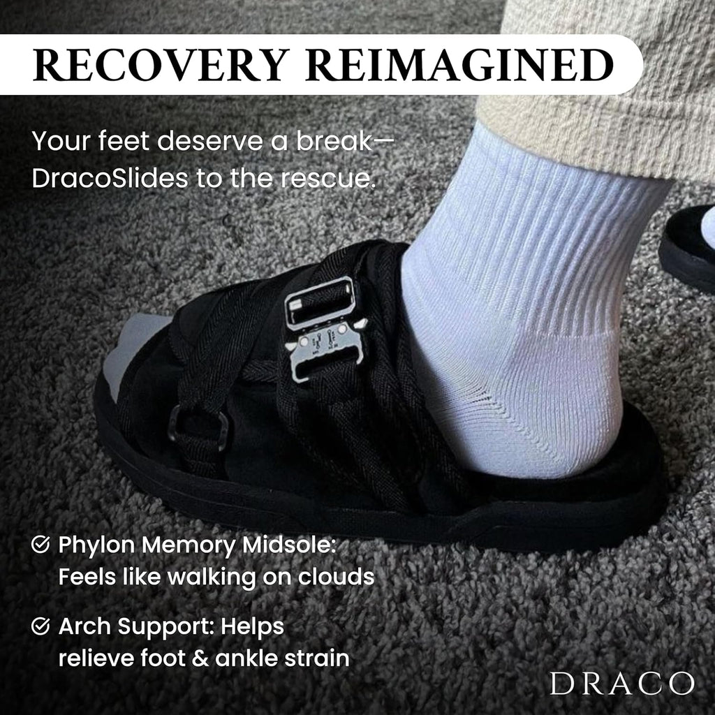 Draco DracoSlides Remastered Slides for Men and Women - Covered in Premium Velour with Adjustable Straps for Wide/Narrow Feet, Sandals with Arch Support & Slip Resistant, Black (Men 9-10/Women 10-11)