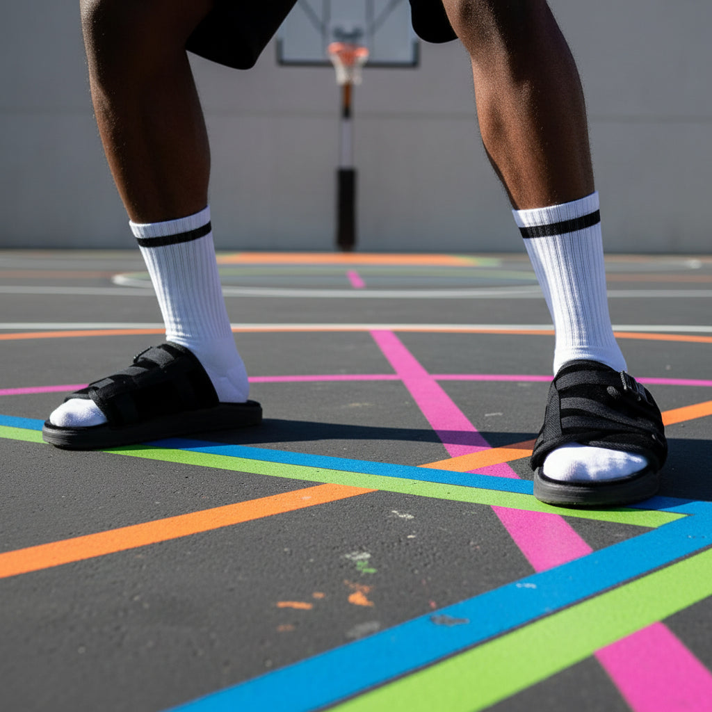 Player wearing black Draco slides on a basketball court with neon lines on the court.
